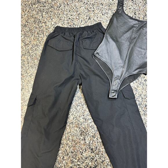 Black Jogger and Leather Bodysuit - Stylish Activewear Set - Picture 2 of 4